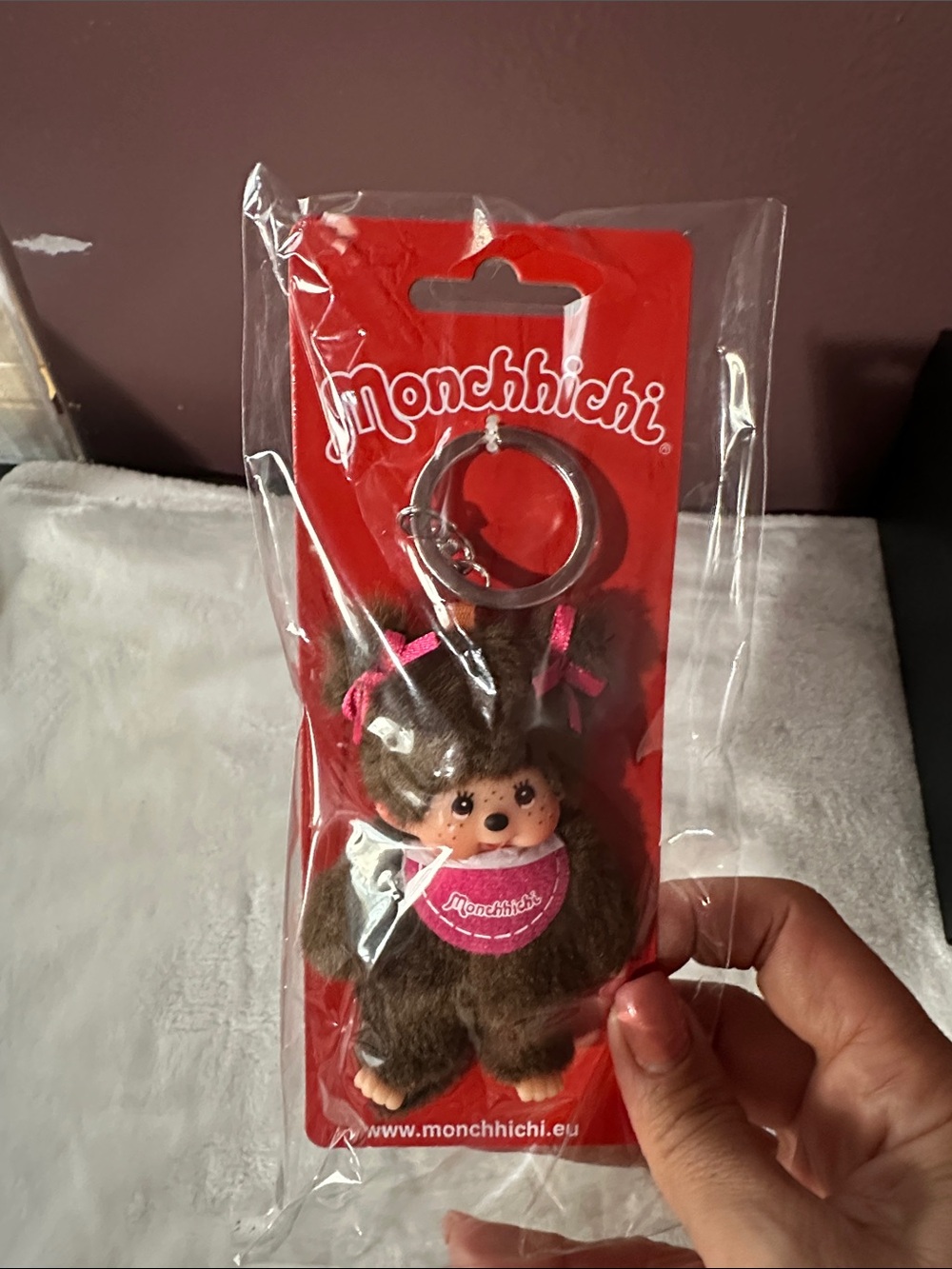 Monchhichi Brown Plush Keychain with Pink Bib - Kids Accessory